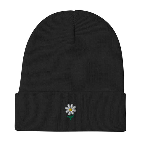 Daisy-Embroidered-Beanie-Black-Front-View