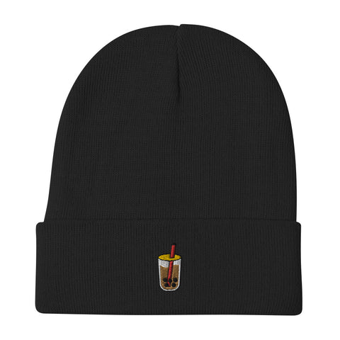 Bubble-Tea-Embroidered-Beanie-Black-Front-View