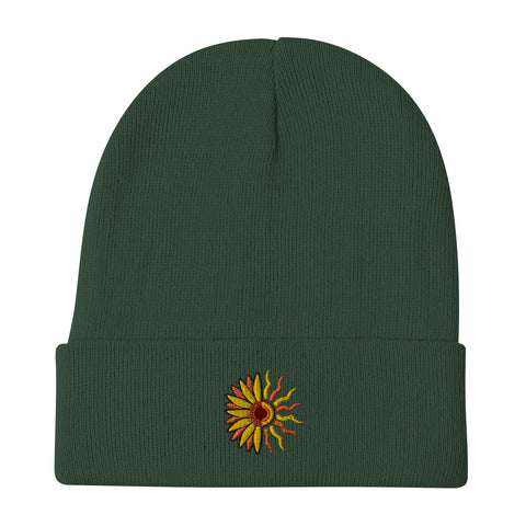 Sunflower-Embroidered-Beanie-Dark-Green-Front-View