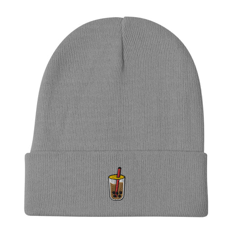 Bubble-Tea-Embroidered-Beanie-Gray-Front-View