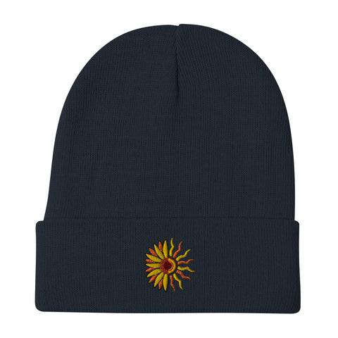 Sunflower-Embroidered-Beanie-Navy-Front-View