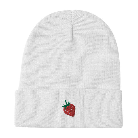 Strawberry-Embroidered-Beanie-White-Front-View