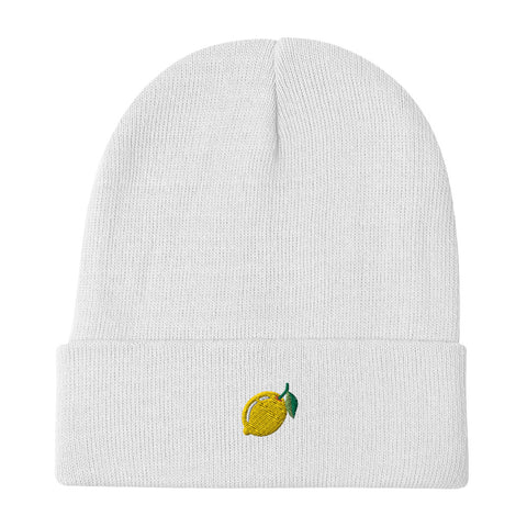 Lemon-Embroidered-Beanie-White-Front-View