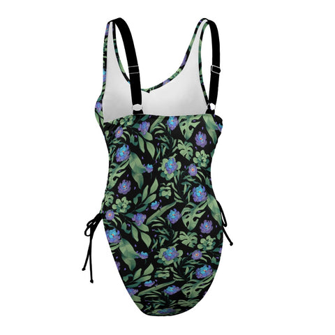 Jungle Flower-Women's-One-Piece-Swimsuit-Black-Purple-Product-Side-View