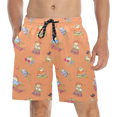 Frogs-Doing-Things-Men's-Swim-Trunks-Salmon-Model-Front-View