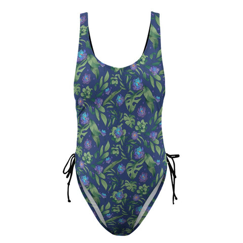 Jungle Flower-Women's-One-Piece-Swimsuit-Blue-Purple-Product-Front-View