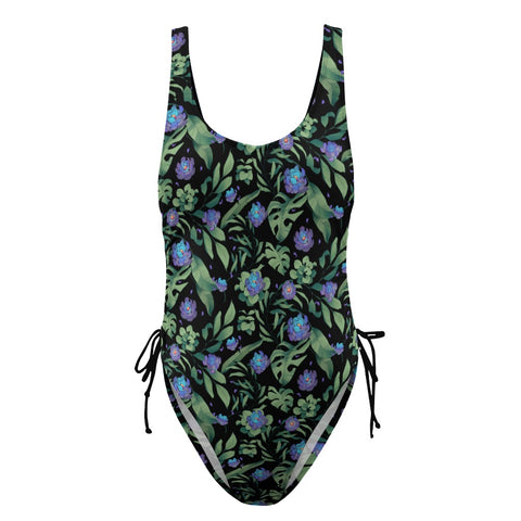 Jungle Flower-Women's-One-Piece-Swimsuit-Black-Purple-Product-Front-View