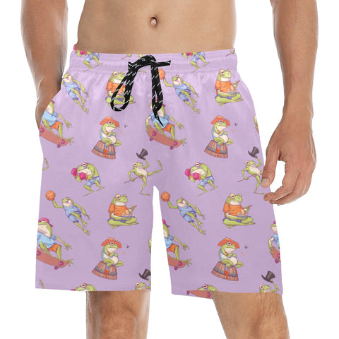 Frogs-Doing-Things-Men's-Swim-Trunks-Lavender-Model-Front-View