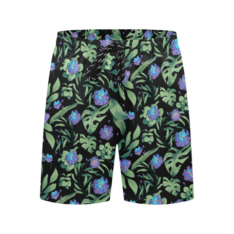 Jungle-Flower-Mens-Swim-Trunks-Black-Purple-Front-View