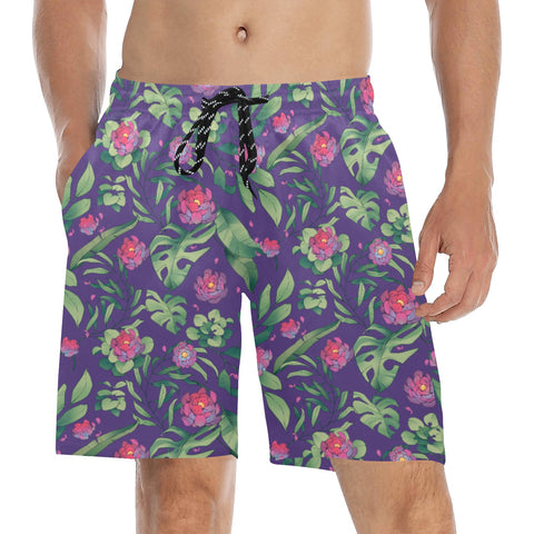 Jungle-Flower-Mens-Swim-Trunks-Purple-Pink-Model-Front-View
