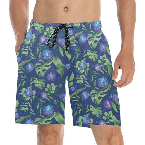 Jungle-Flower-Mens-Swim-Trunks-Blue-Purple-Model-Front-View