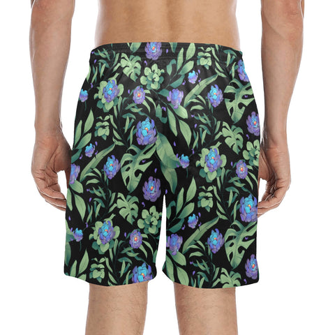 Jungle-Flower-Mens-Swim-Trunks-Black-Purple-Model-Back-View