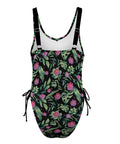 Jungle Flower-Women's-One-Piece-Swimsuit-Black-Pink-Product-Back-View