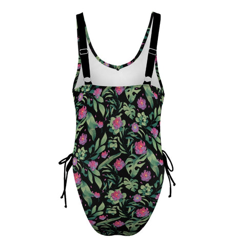 Jungle Flower-Women's-One-Piece-Swimsuit-Black-Pink-Product-Back-View