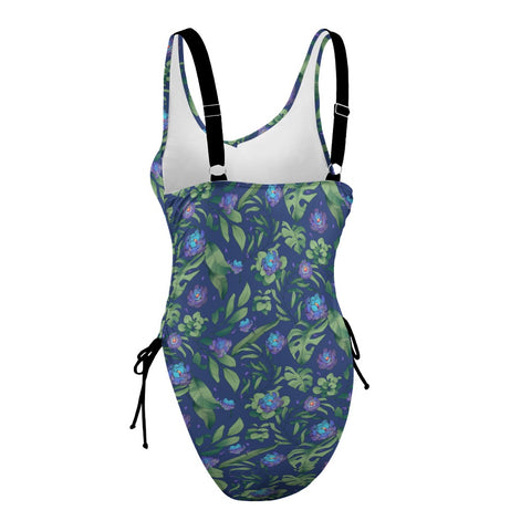 Jungle Flower-Women's-One-Piece-Swimsuit-Blue-Purple-Product-Side-View