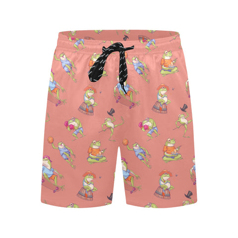 Frogs-Doing-Things-Men's-Swim-Trunks-Coral-Front-View