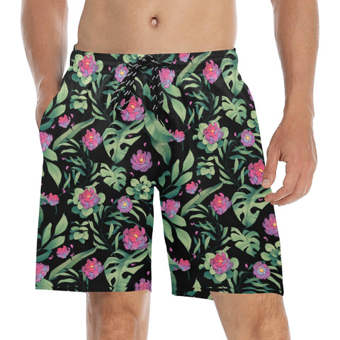 Jungle-Flower-Mens-Swim-Trunks-Black-Pink-Model-Front-View