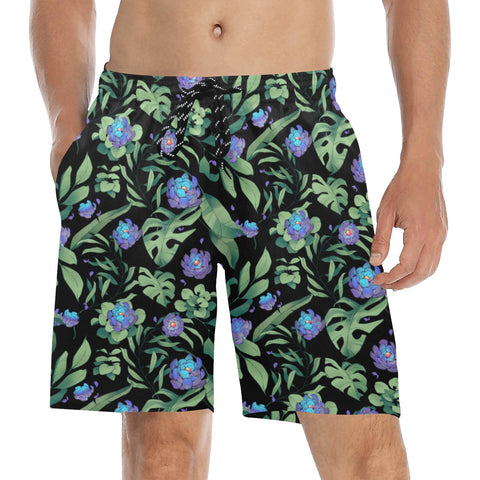 Jungle-Flower-Mens-Swim-Trunks-Black-Purple-Model-Front-View