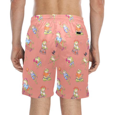 Frogs-Doing-Things-Men's-Swim-Trunks-Coral-Model-Back-View