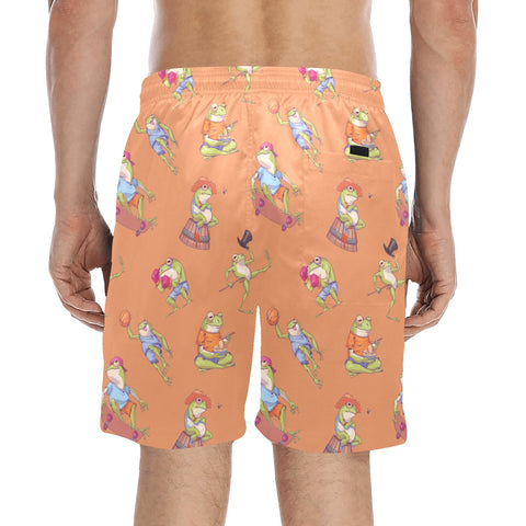 Frogs-Doing-Things-Men's-Swim-Trunks-Salmon-Model-Back-View