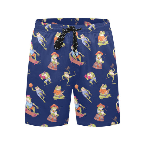 Frogs-Doing-Things-Men's-Swim-Trunks-Blue-Front-View