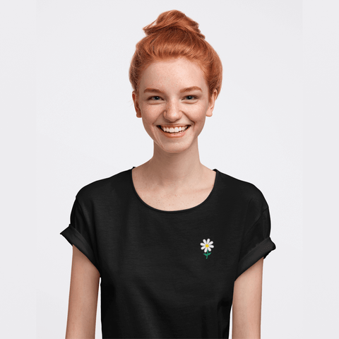 Daisy-Embroidered-T-Shirt-Black-Front-Lifestyle-View