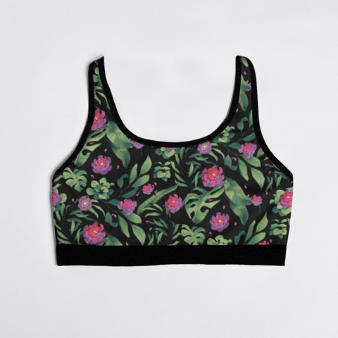 Jungle-Flower-Womens-Bralette-Black-Pink-Product-Front-View
