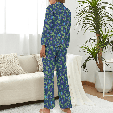 Jungle-Flower-Womens-Pajama-Blue-Purple-Rear-View