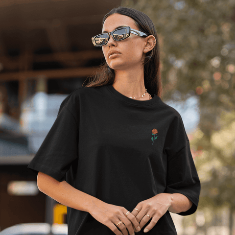 Rose-Embroidered-T-Shirt-Black-Front-Lifestyle-View