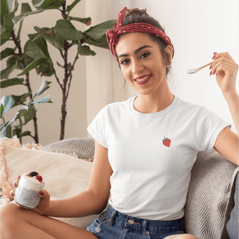 Strawberry-Embroidered-T-Shirt-White-Front-Lifestyle-View