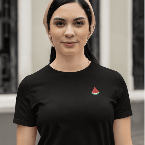 Watermelon-Embroidered-T-Shirt-Black-Front-Lifestyle-View