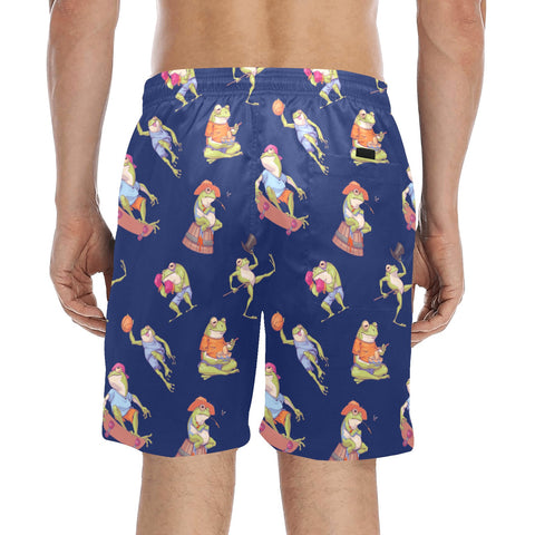 Frogs-Doing-Things-Men's-Swim-Trunks-Blue-Model-Back-View