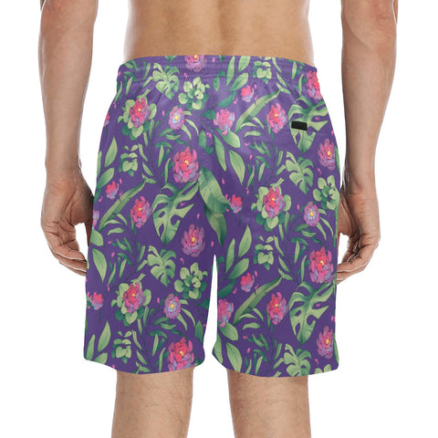 Jungle-Flower-Mens-Swim-Trunks-Purple-Pink-Model-Back-View