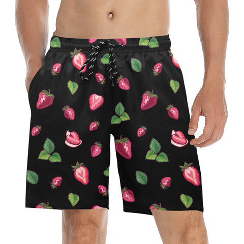 Strawberry-Mens-Swim-Trunks-Black-Model-Front-View