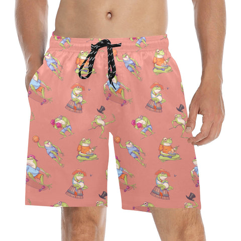 Frogs-Doing-Things-Men's-Swim-Trunks-Coral-Model-Front-View