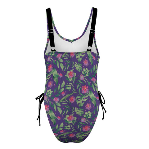 Jungle Flower-Women's-One-Piece-Swimsuit-Purple-Pink-Product-Back-View