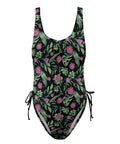 Jungle Flower-Women's-One-Piece-Swimsuit-Black-Pink-Product-Front-View