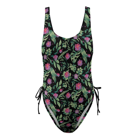 Jungle Flower-Women's-One-Piece-Swimsuit-Black-Pink-Product-Front-View