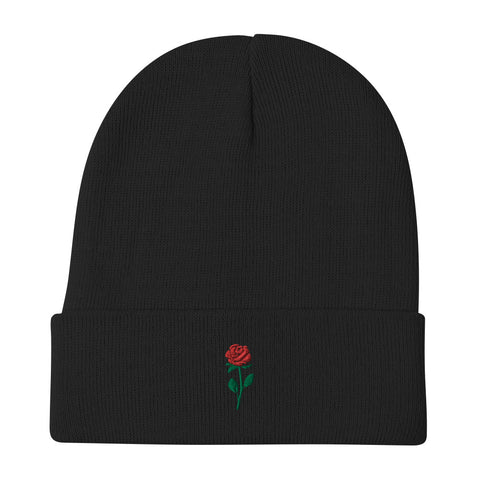 Rose-Embroidered-Beanie-Black-Front-View