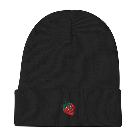 Strawberry-Embroidered-Beanie-Black-Front-View