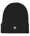 Daisy-Embroidered-Beanie-Black-Front-View