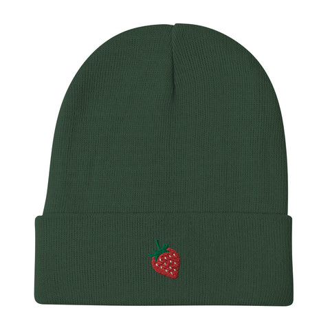 Strawberry-Embroidered-Beanie-Dark-Green-Front-View