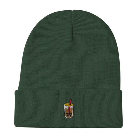 Bubble-Tea-Embroidered-Beanie-Dark-Green-Front-View