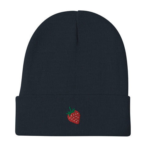 Strawberry-Embroidered-Beanie-Navy-Front-View
