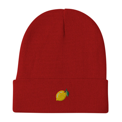 Lemon-Embroidered-Beanie-Red-Front-View