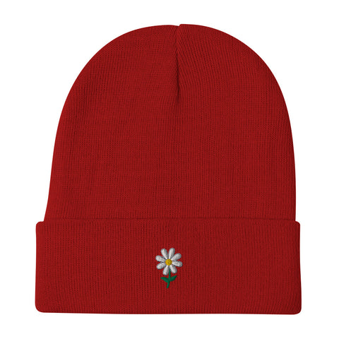 Daisy-Embroidered-Beanie-Red-Front-View