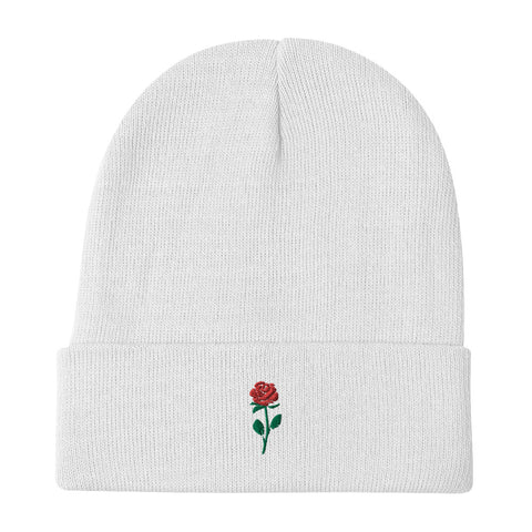 Rose-Embroidered-Beanie-White-Front-View