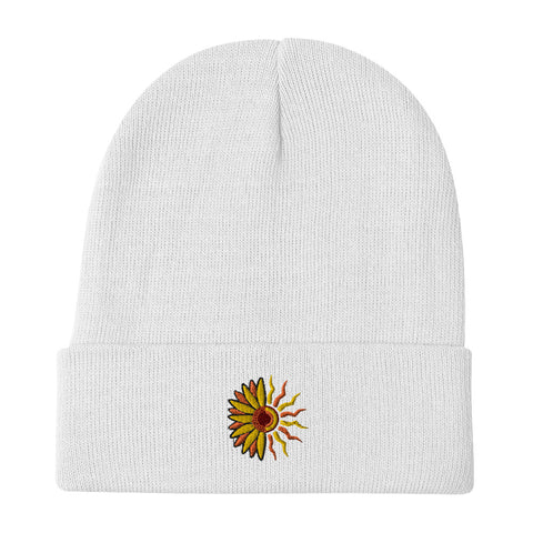 Sunflower-Embroidered-Beanie-White-Front-View