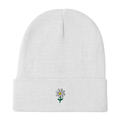 Daisy-Embroidered-Beanie-White-Front-View