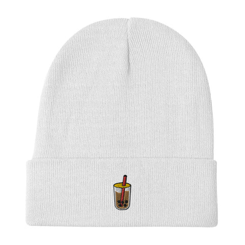 Bubble-Tea-Embroidered-Beanie-White-Front-View